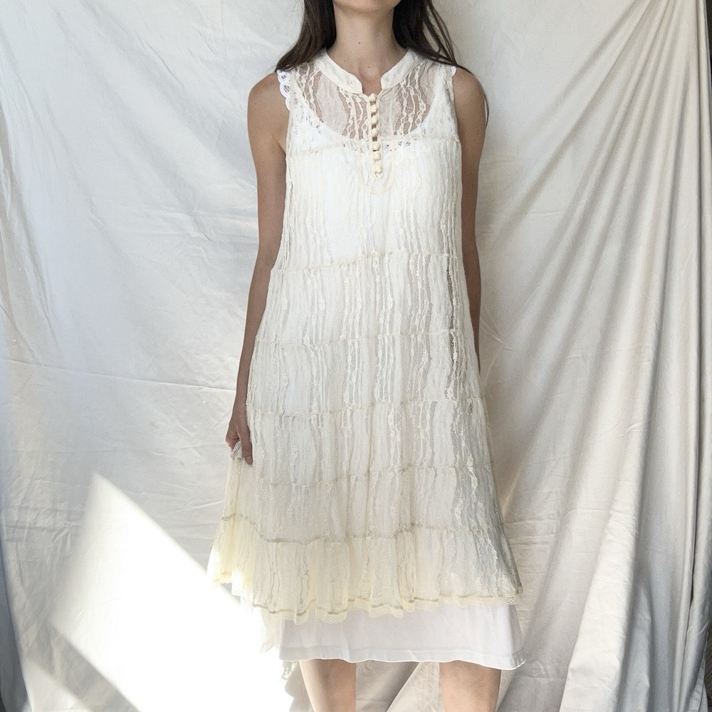 Free People Sheer Lace Button Mini Dress Boho Whimsy Victorian Fairy 90s